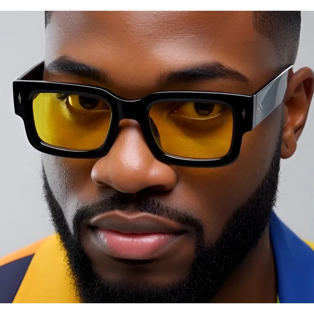 Mens Black Square Frame Sunglasses‎ Yellow Lens Fashion Eyewear Hip Hop Street